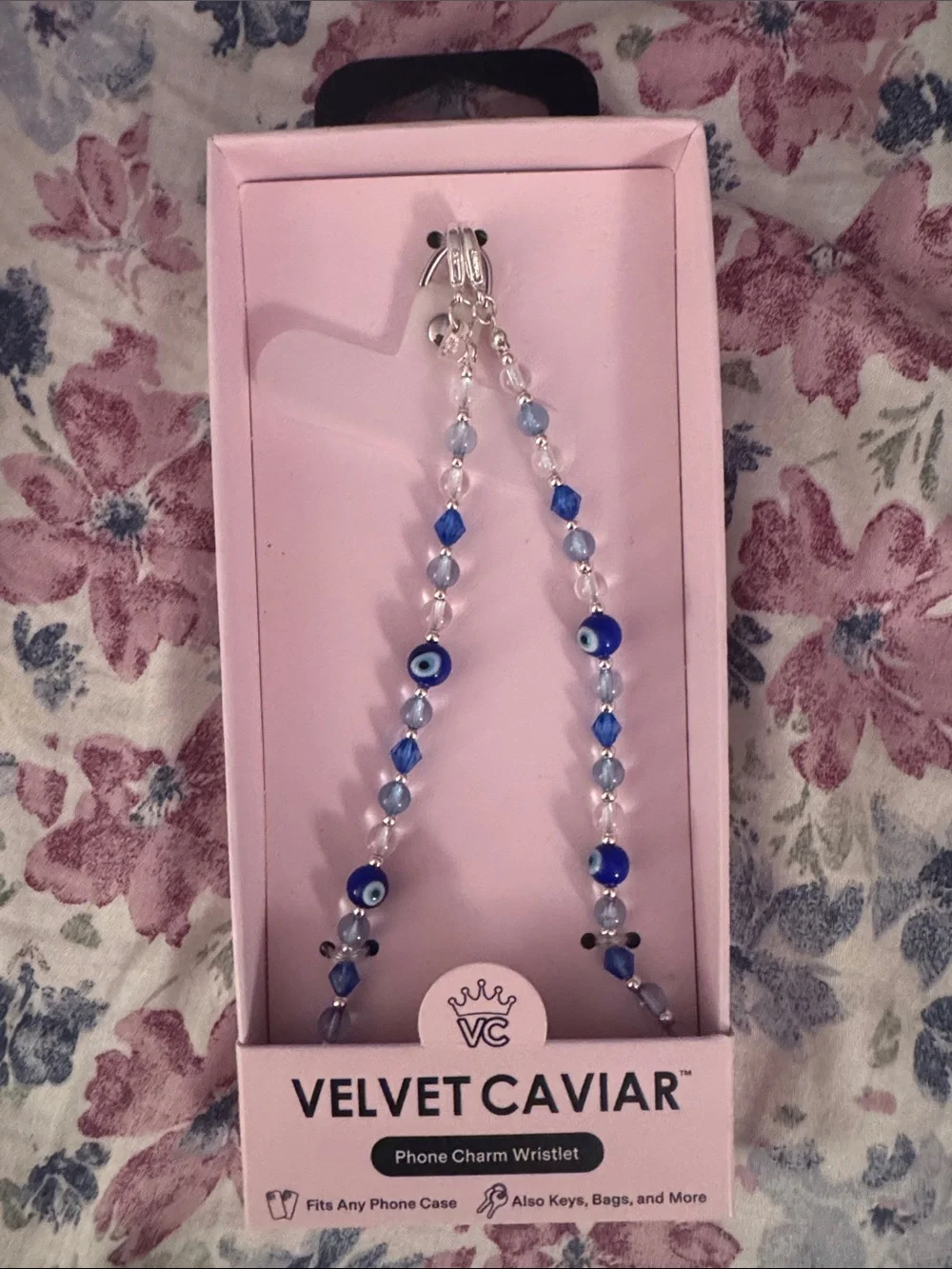 Velvet Caviar Blue Beaded Phone Charm Wrist Strap with Evil Eye Accents